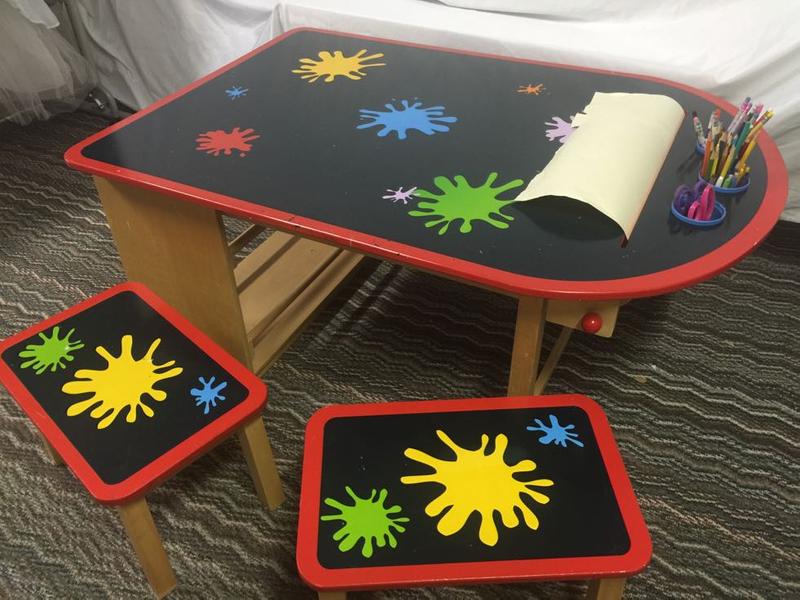 Leaps and Bounds Kids Art Table W/Paper Roll, Drying Rack & 2 Stools