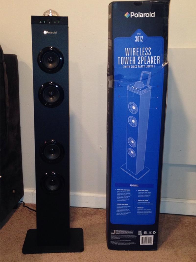 polaroid wireless tower speaker with disco party lights