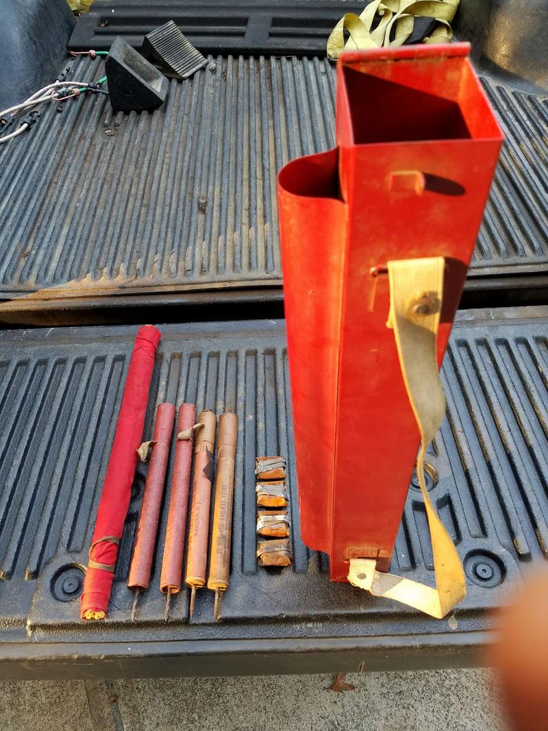 Vintage railroad flare box with detonators, flares and flag for sale in