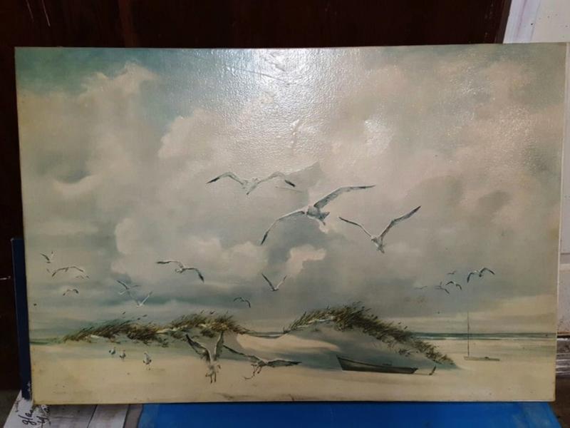 Signed Carolyn Blish 1968 Sea Gulls Beach Painting for