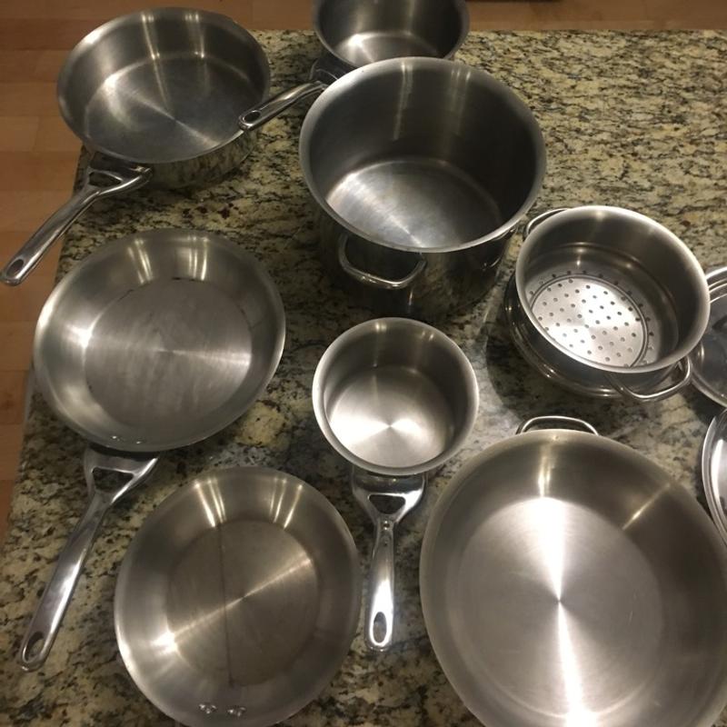 Stainless pot and pan set. Copper core. Kirkland brand. for sale in