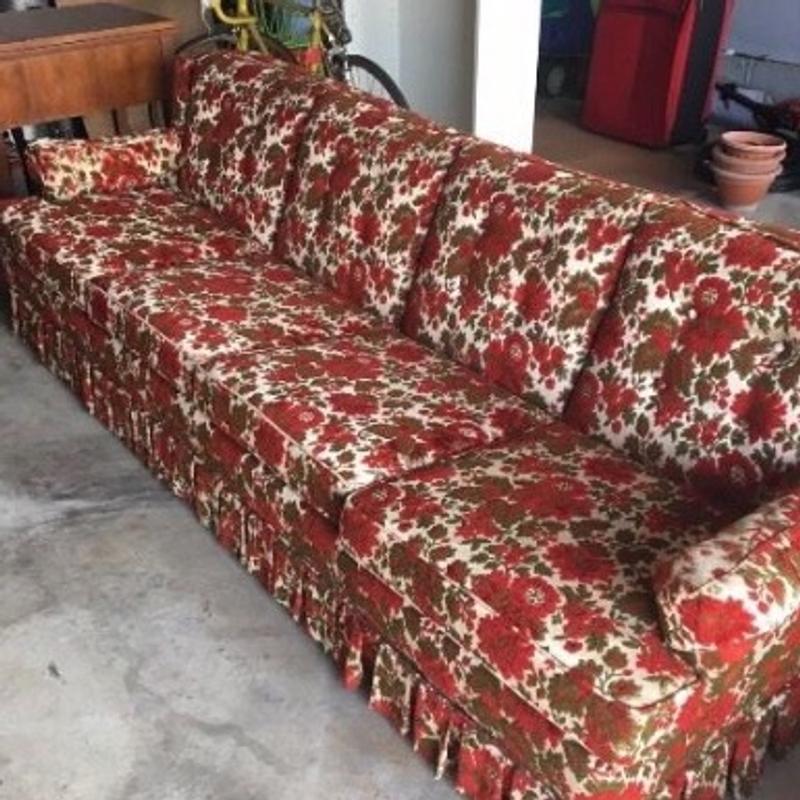 Vintage Embossed Red Green Floral Couch 1970's 96" Long Ex Condition