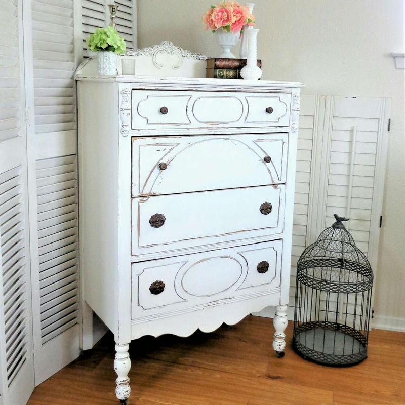 Antique Tallboy Dresser White Ornate Jacobean Solid Wood Chest of