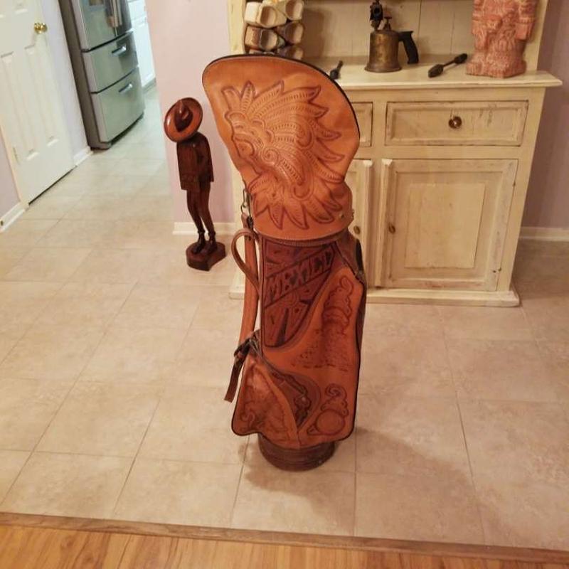 Hand tooled leather golf bag from Mexico ca 1950. Excellent condition