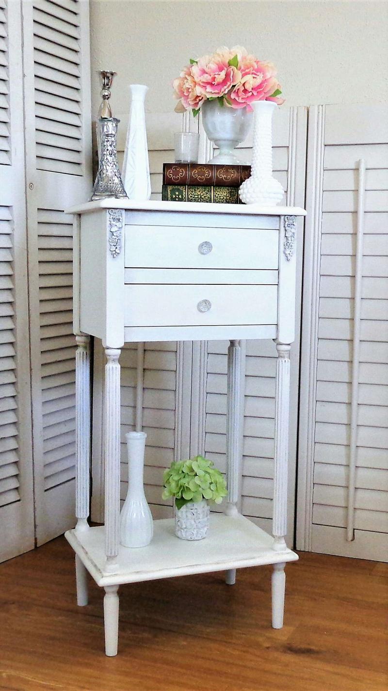 Cottage chic nightstand ornate white shabby chic antiqued wood accent table for sale in
