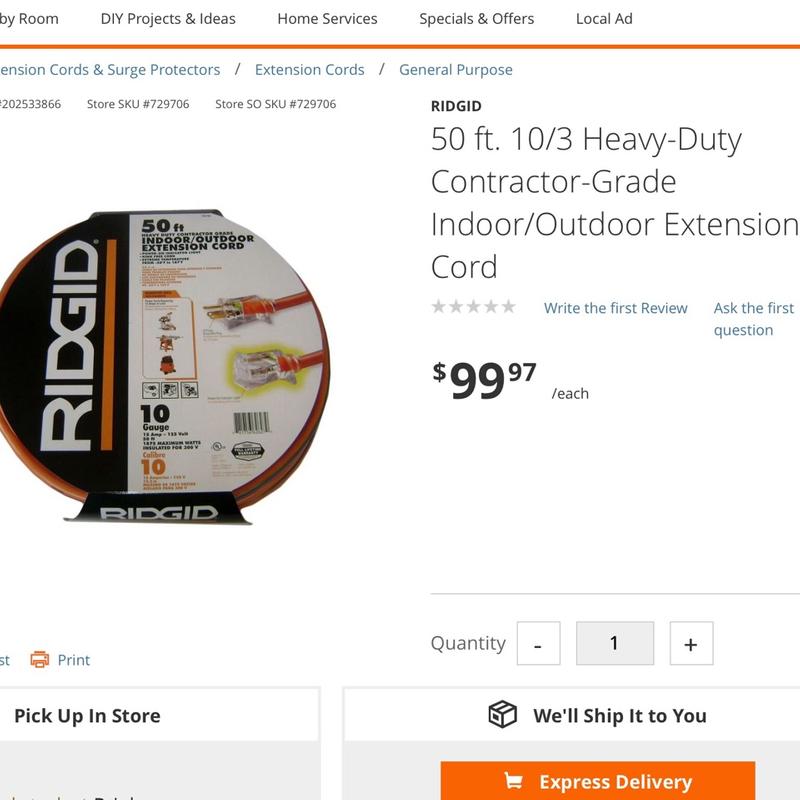 50 ft. Ridgid 10/3 heavy duty contractor grade indoor outdoor extension