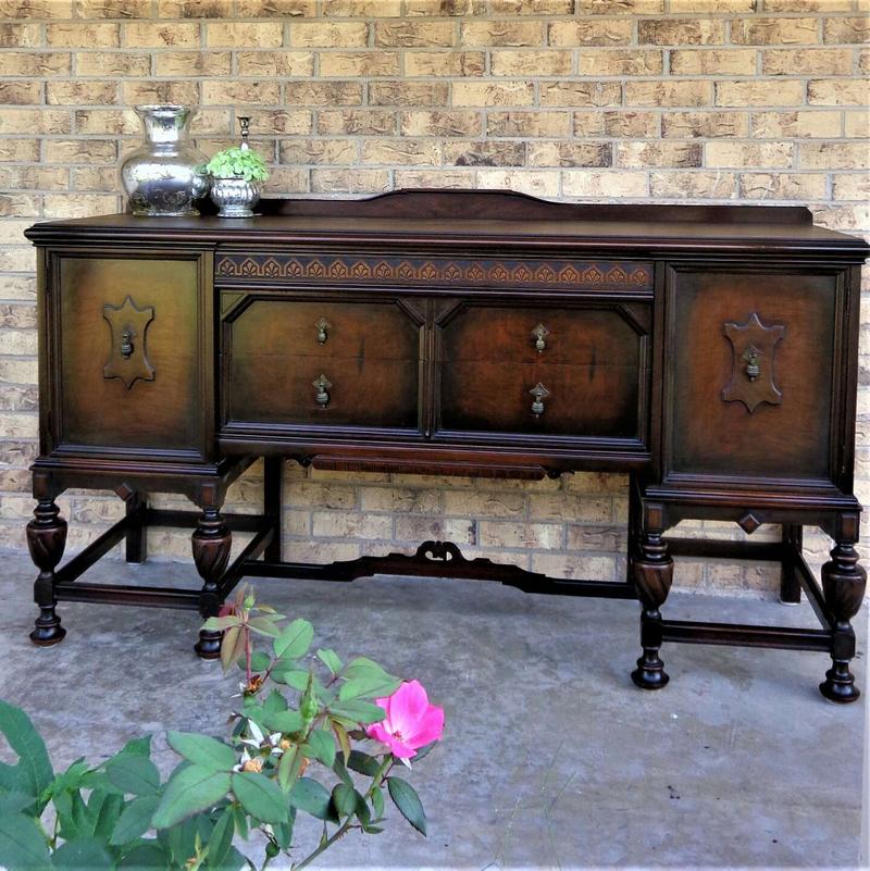 Restored Antique Jacobean Buffet Vintage 1920s Mahogany & Black