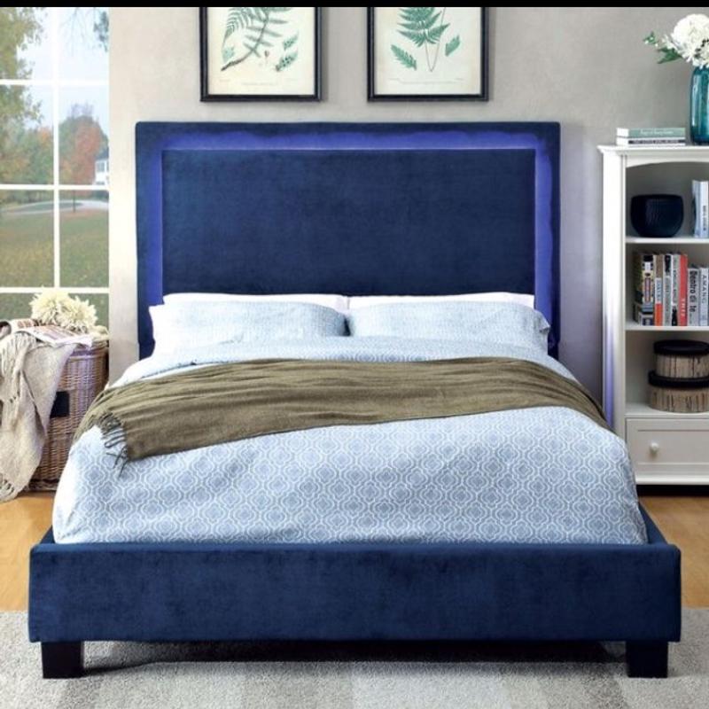 Navy Blue Led Queen Headboard Platform Bed NEW for sale in Desoto, TX
