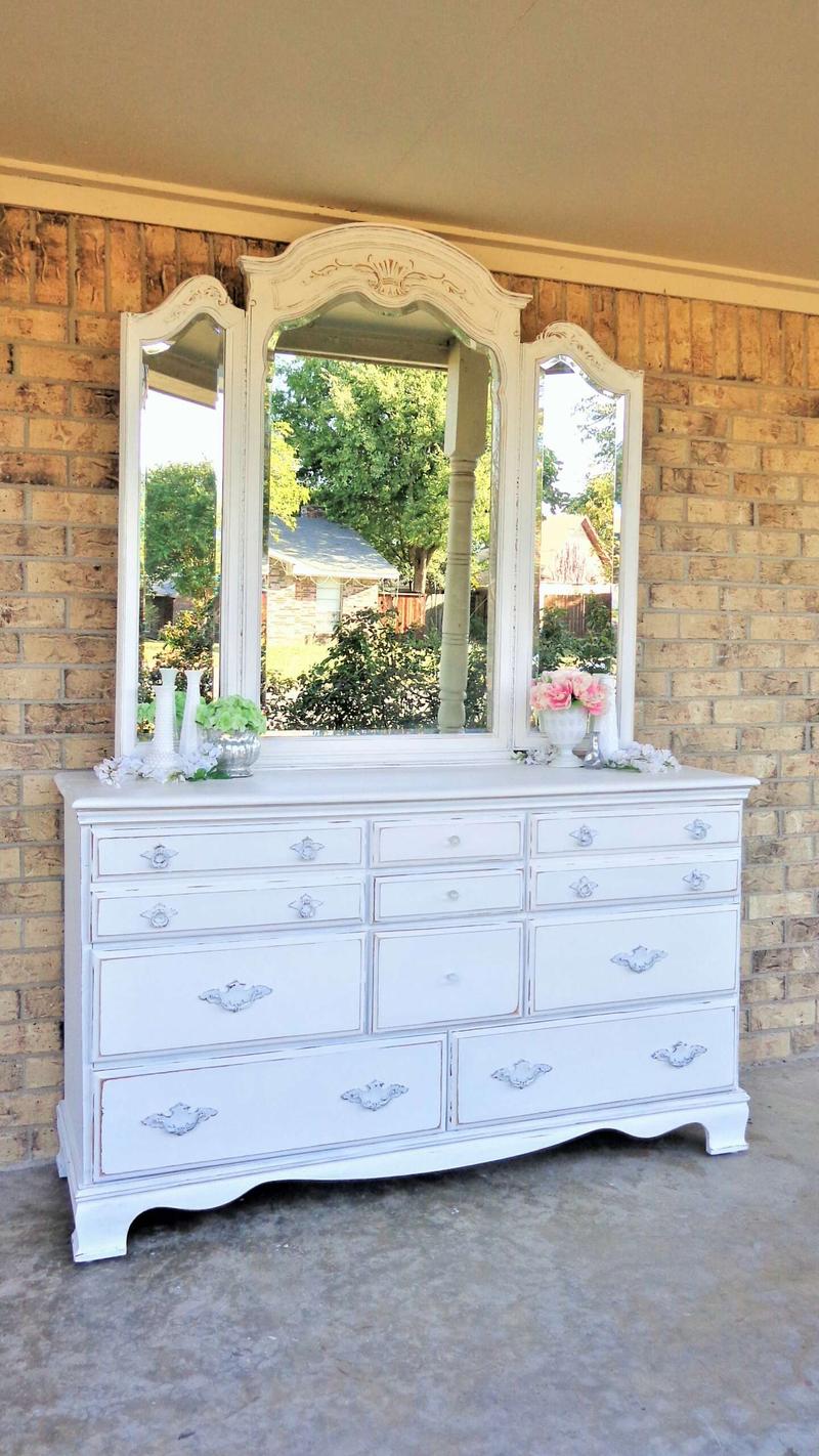 Vintage Solid Wood Dresser & Mirror 9 Drawer Off White Shabby