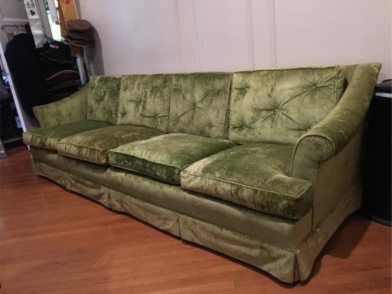 STUNNING Mid-Century Tufted Green Crushed Velvet Couch for sale in