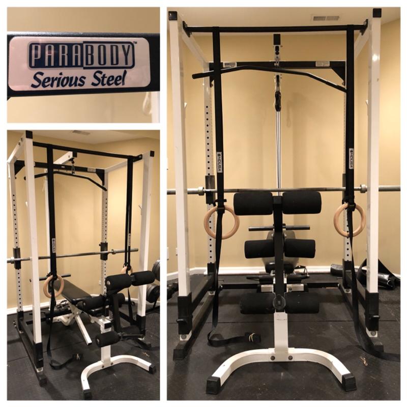 Parabody squat rack loaded with accessories for sale in Crystal Lake