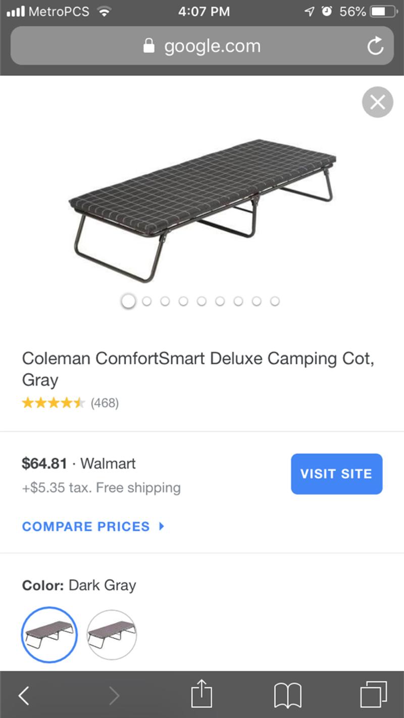 Coleman ComfortSmart Deluxe Camping Cot, Gray for sale in Dallas, TX