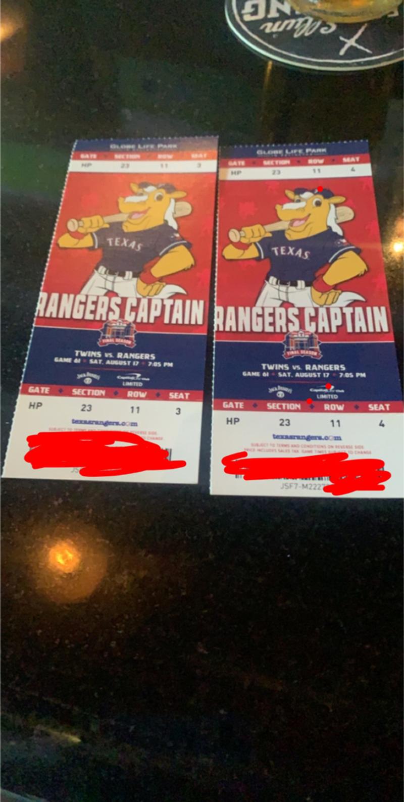 2 Texas rangers tickets. 11 rows behind home plate for sale in The