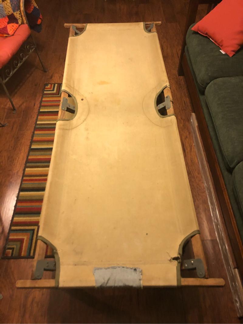 Vintage, folding, woodframed, canvas cot for camping, Scouts, cabin