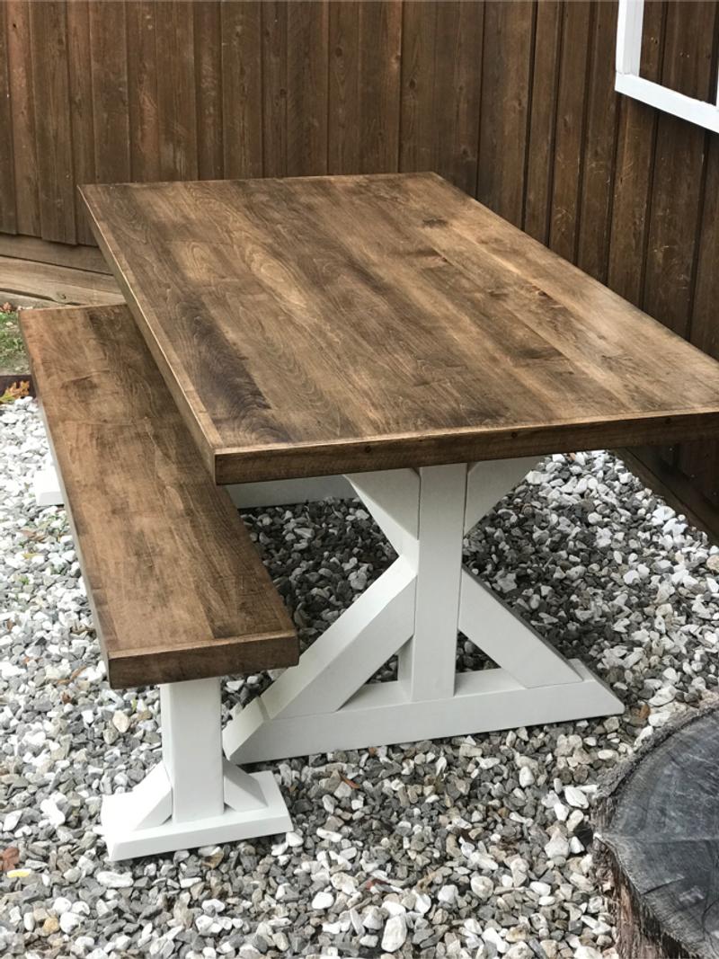 Custom Solid Maple hard wood dining table and bench set farmhouse