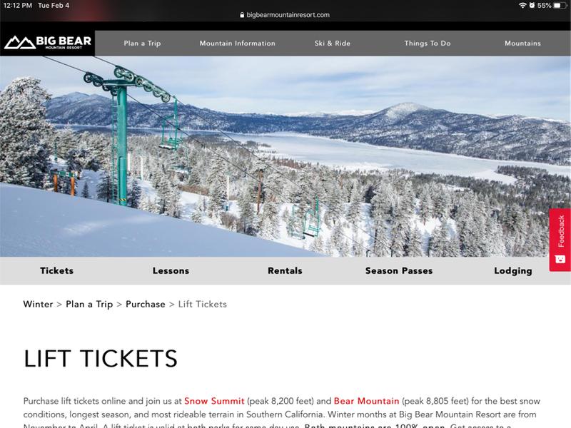 BIG BEAR LIFT TICKETS (X2).. HALF OFF RETAIL! for sale in Glendora, CA