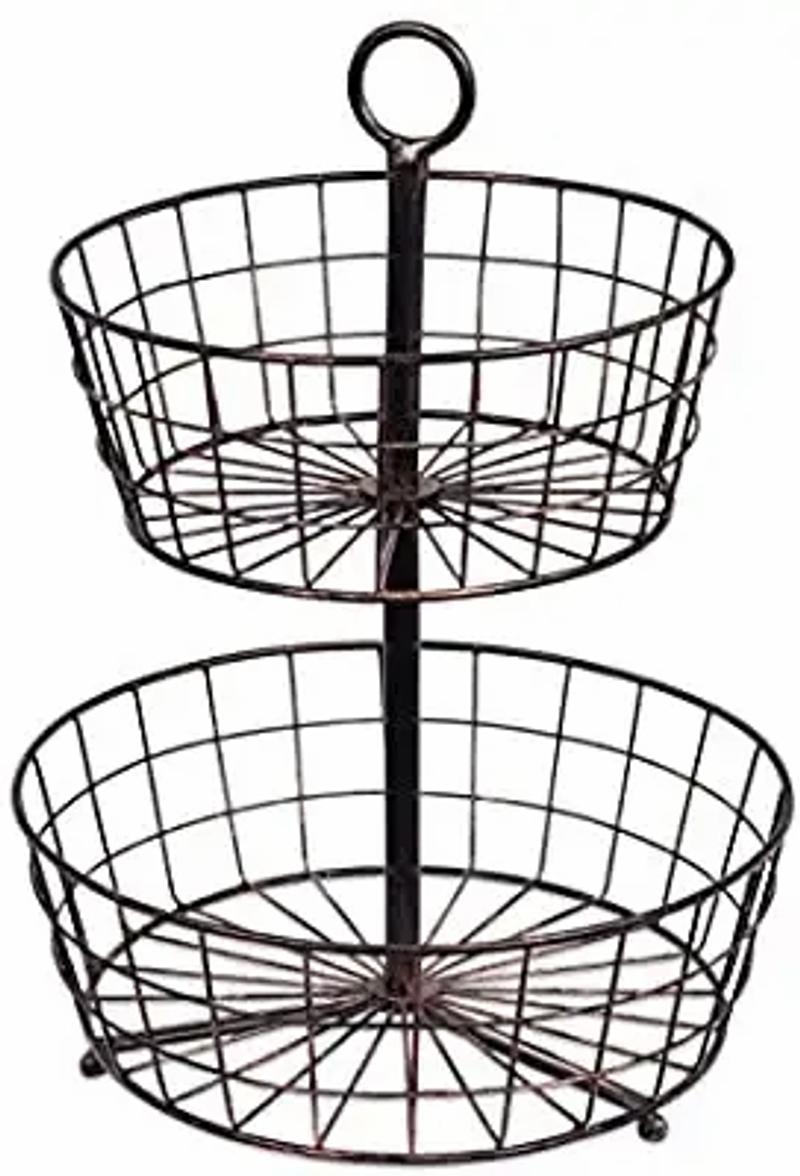BirdRock Home 2 Tier Wire Fruit Basket Round Metal Standing Baskets Fruit Ve for sale in