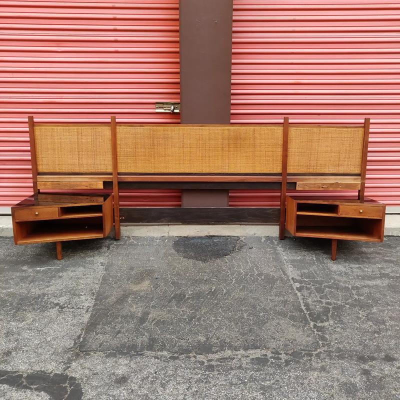 Vintage Mid Century Modern Queen Headboard and Nightstand Combo for