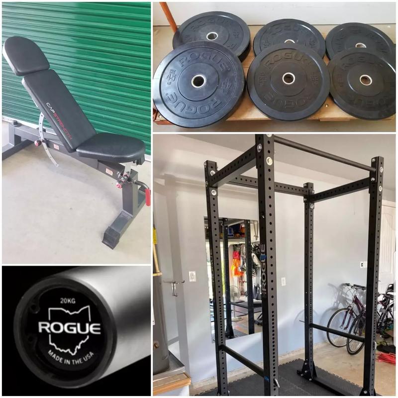 Rogue Fitness Barbell Squat Rack Bumpers FID Adjustable Weight Bench