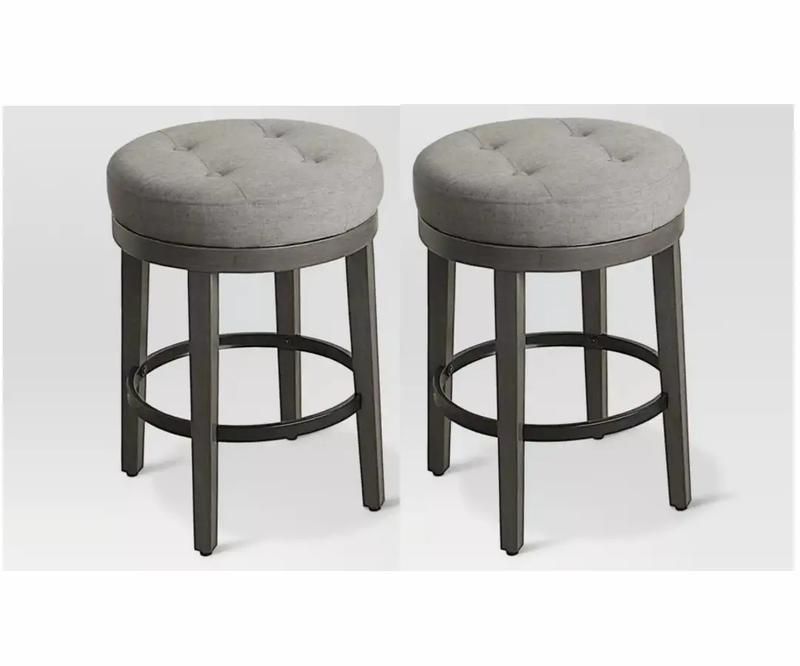 NEW INBOX TWO (2) 24" TUFTED GREY ROUND SWIVEL COUNTER STOOLS