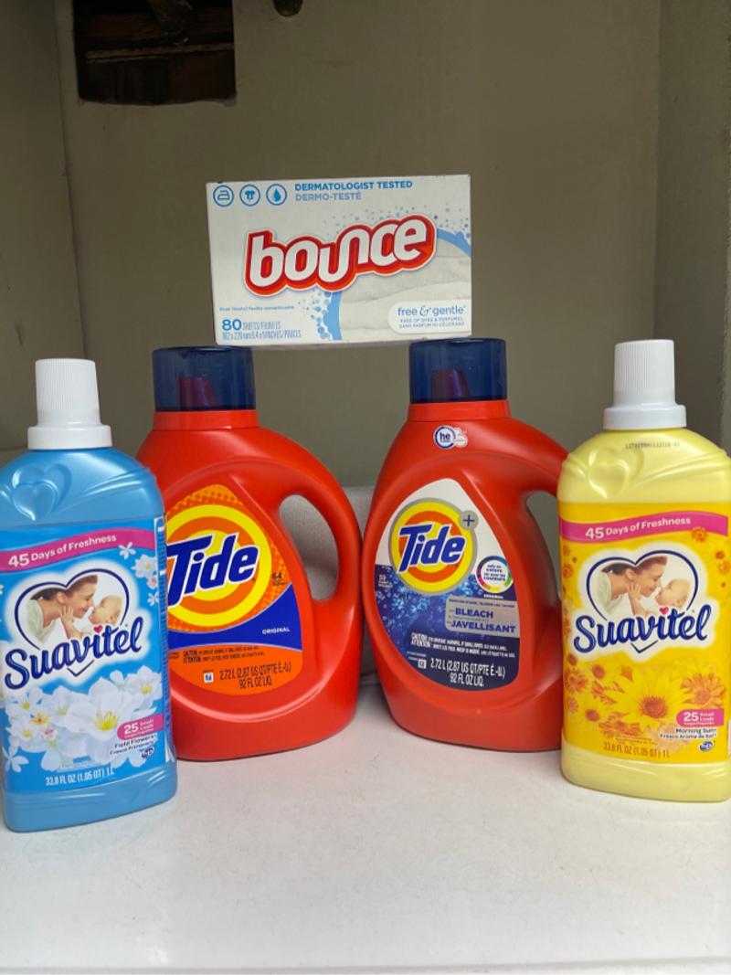 TIDE DETERGENT SUAVITEL SOFTENER BOUNCE DRYER SHEETS BUNDLE for sale in