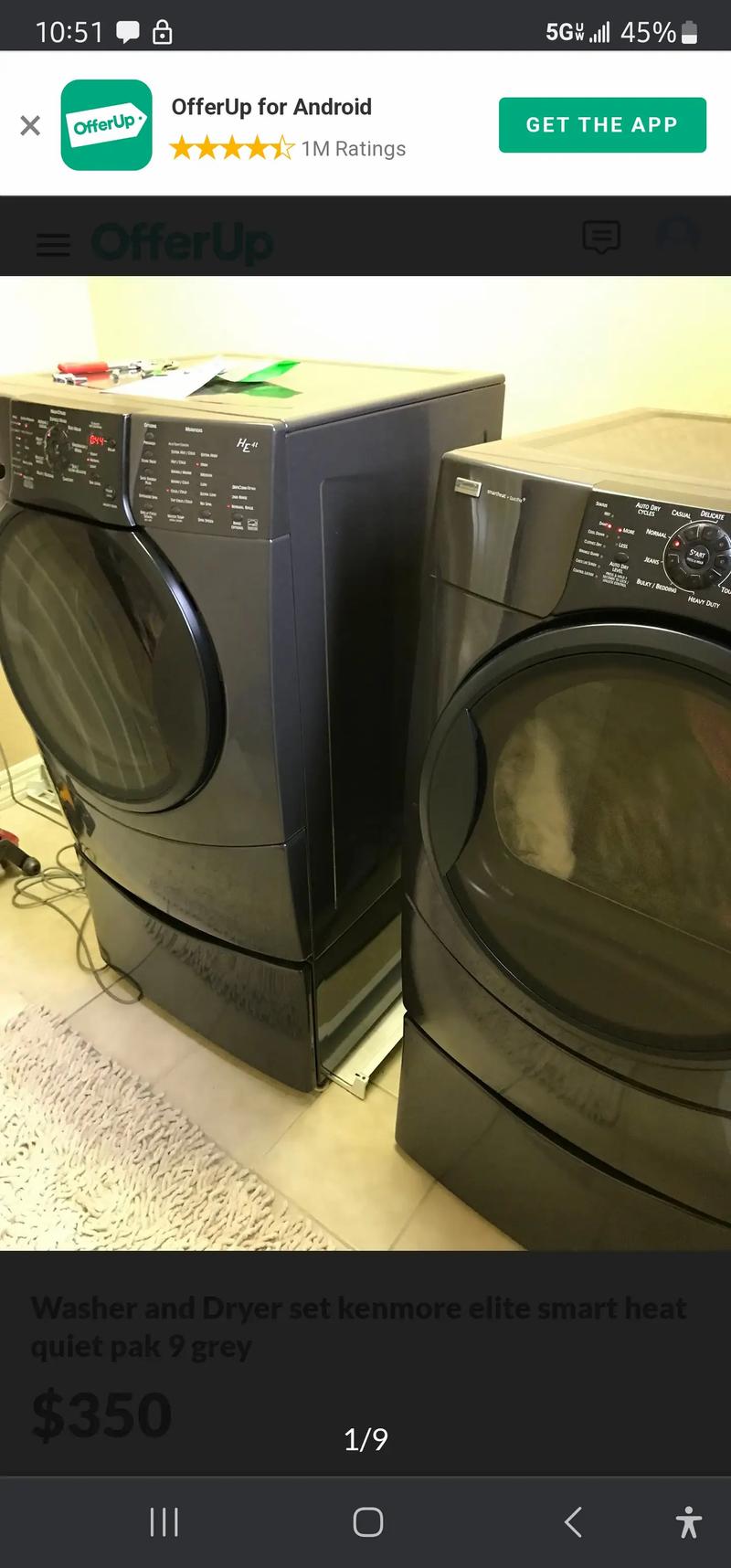 Black Kenmore frontloader washer,dryer and matching storage pedestals