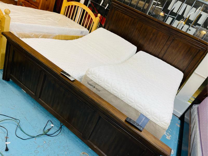 Wooden king bed with adjustable base and twin xl Tempurpedic mattress
